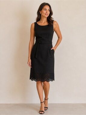 White House Black Market Black Sleeveless Belted Eyelet Hem A-line Dress size 8